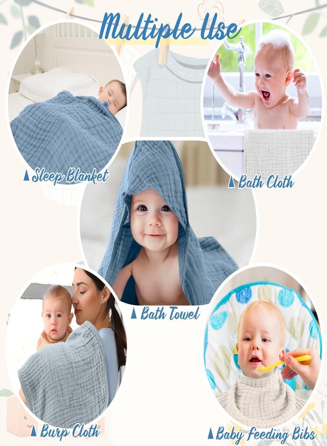 VitalCozy مجموعة فيتال كوزي المكونة من 8 قطع من مناشف الاستحمام وأغطية الوجه المصنوعة من الموسلين للأطفال، مناشف أطفال موسلين بغطاء رأس، بطانيات ماصة كهدية لحفلات استقبال المولود الجديد (أزرق، أبيض، 32 × 32 بوصة) - Image 4